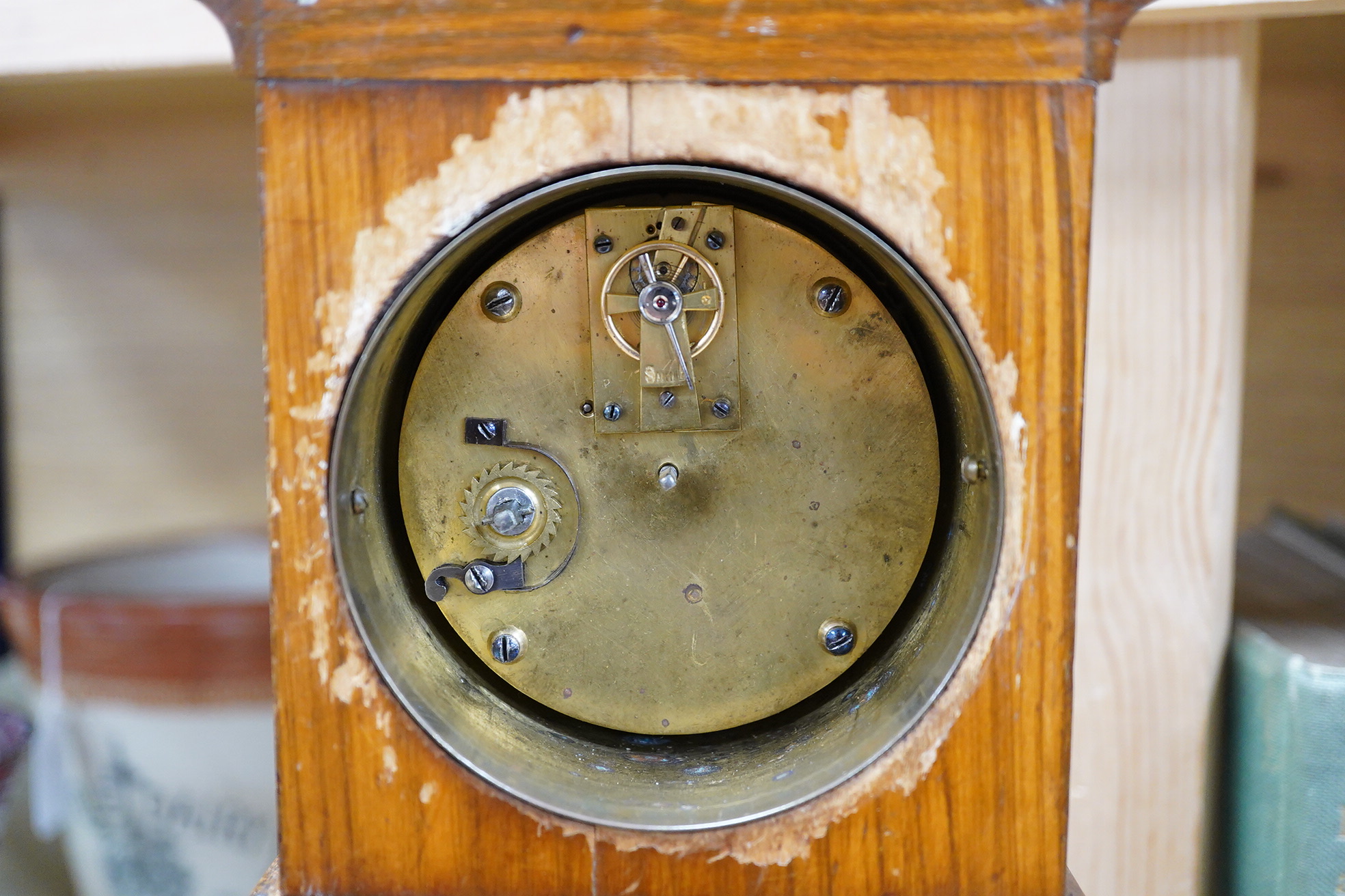 A miniature olivewood longcase timepiece with thermometer, 46cm high